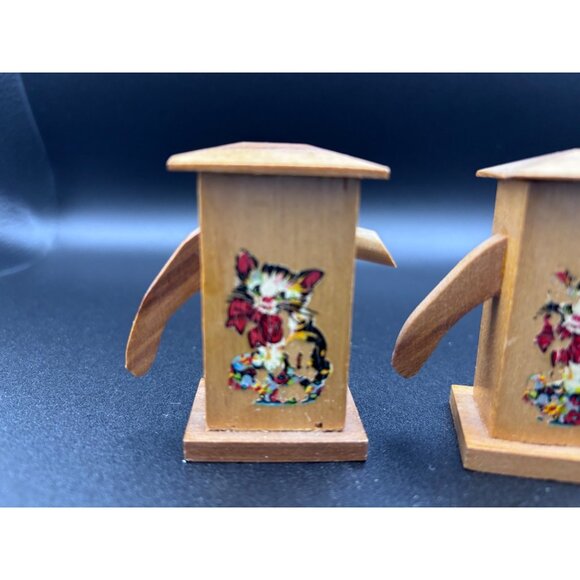 Vintage Wooden Salt & Pepper Shakers Cat Design MCM 60's AS IS - Picture 3 of 7